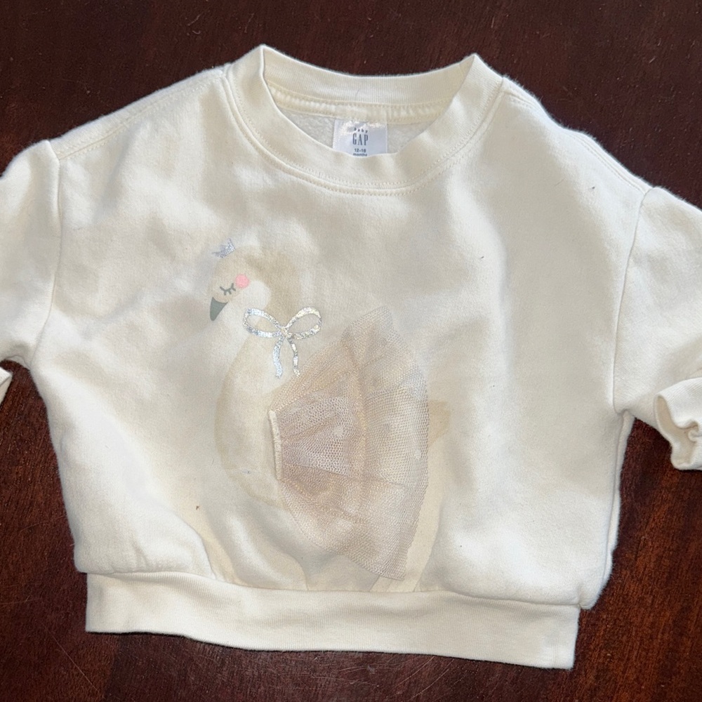 GAP Cream Swan Sweatshirt with Silver Bow and Tulle
